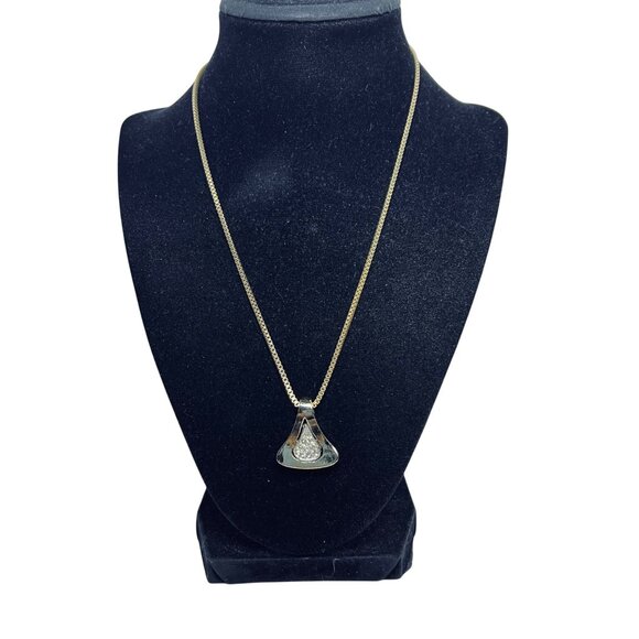 Vintage Gold Tone Box Chain Necklace With Clear Rhinestone Pave Pendant (5682) - Picture 5 of 7